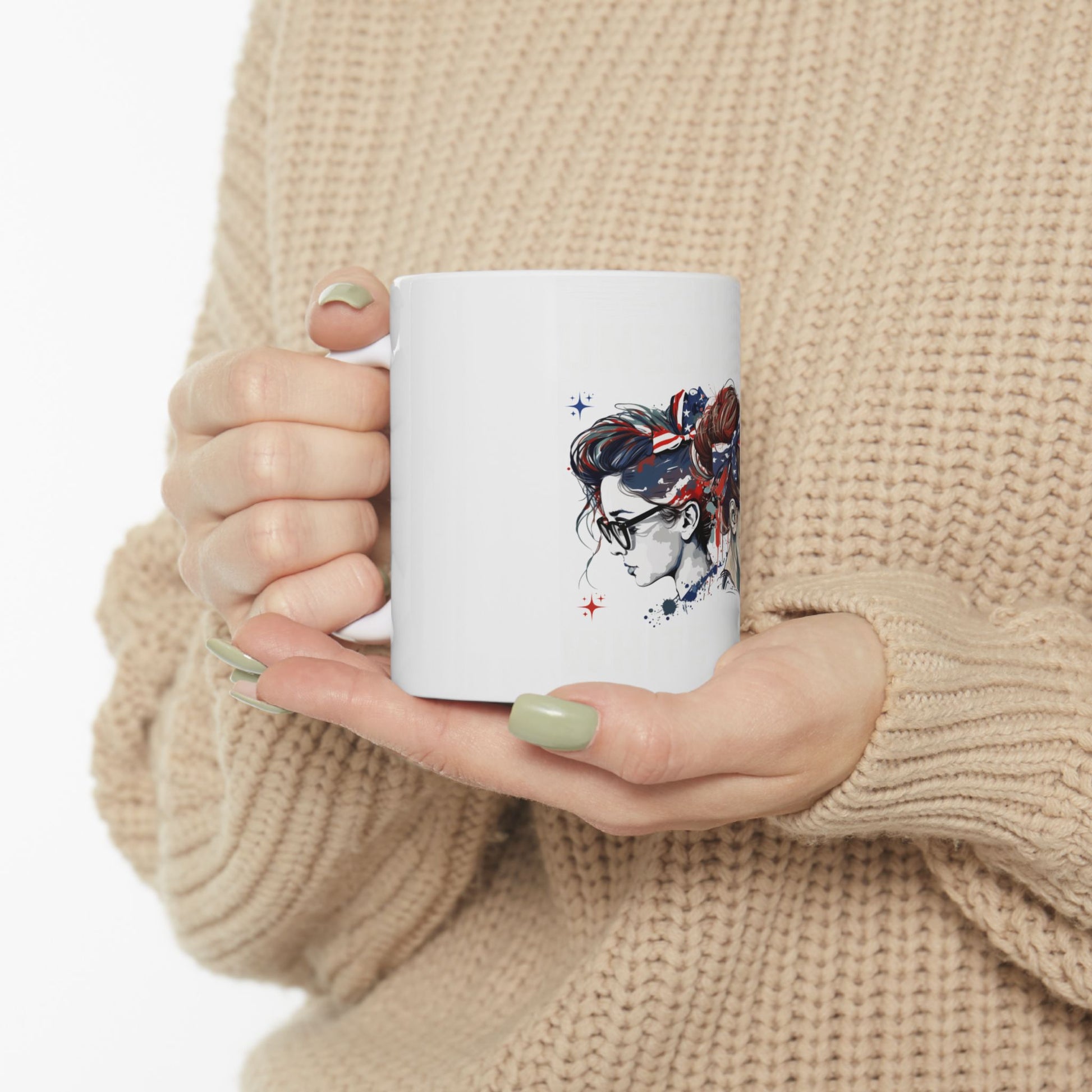 Woman with patriotic hairstyle and glasses on white mug.