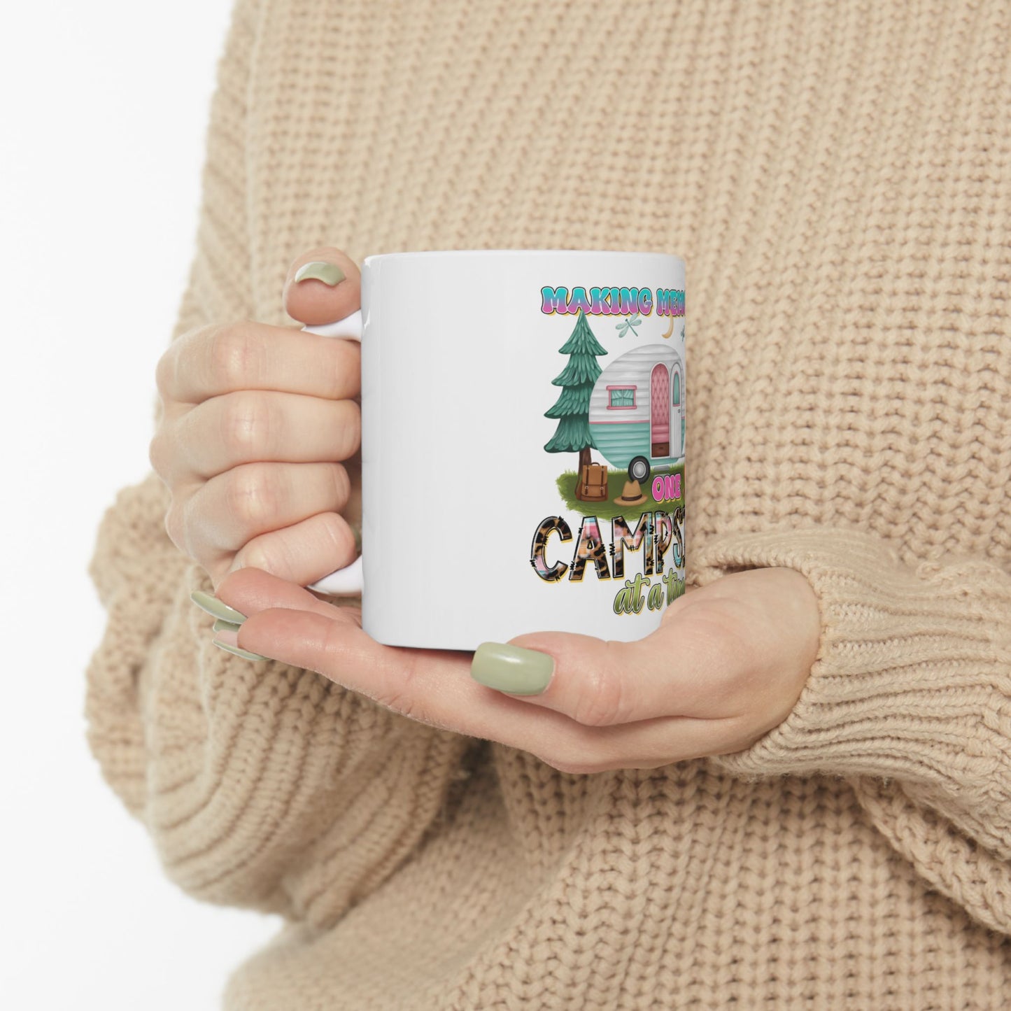 White mug with "Making Memories Camping" text and camping graphics.