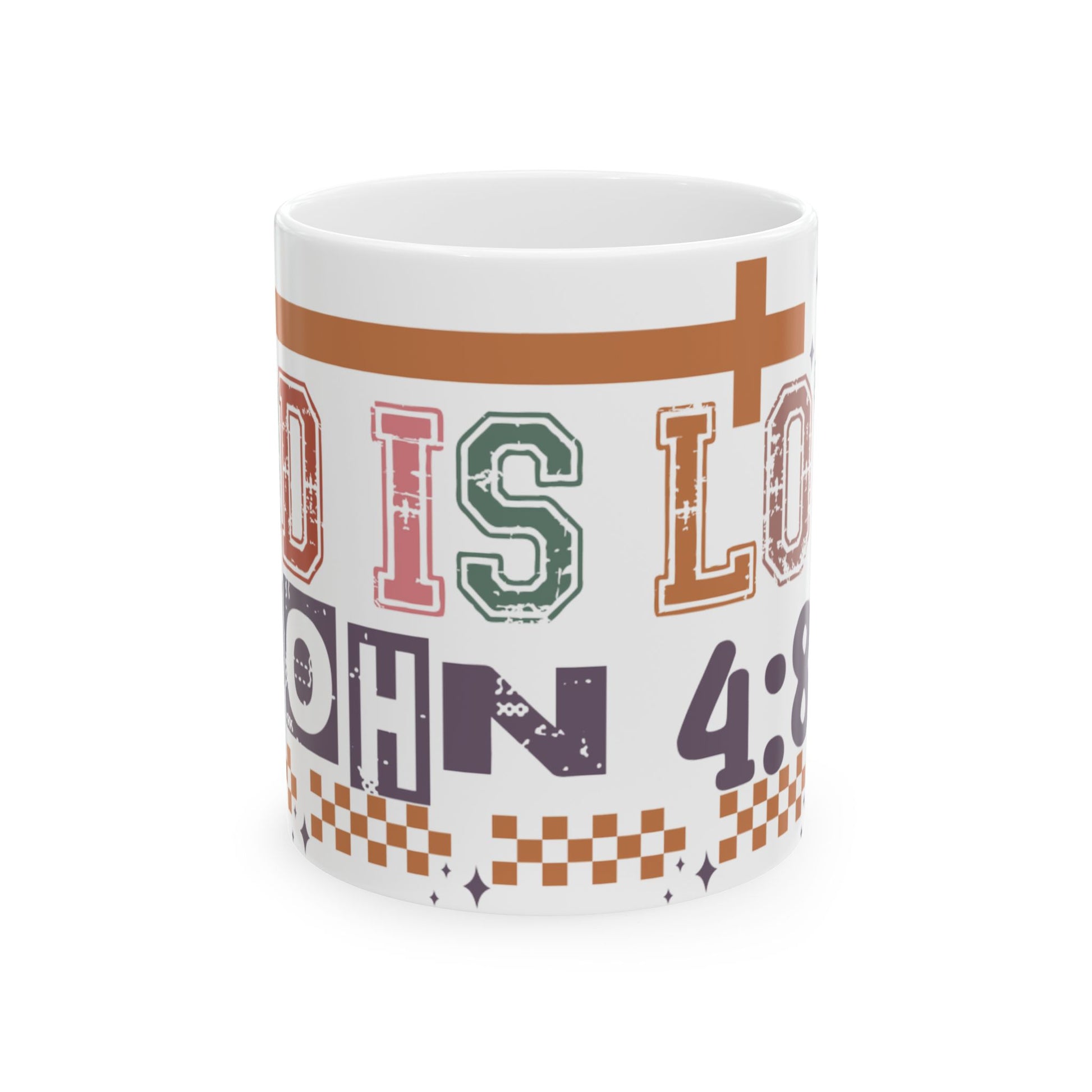 White mug with "God Is Love" and John 4:8 text.