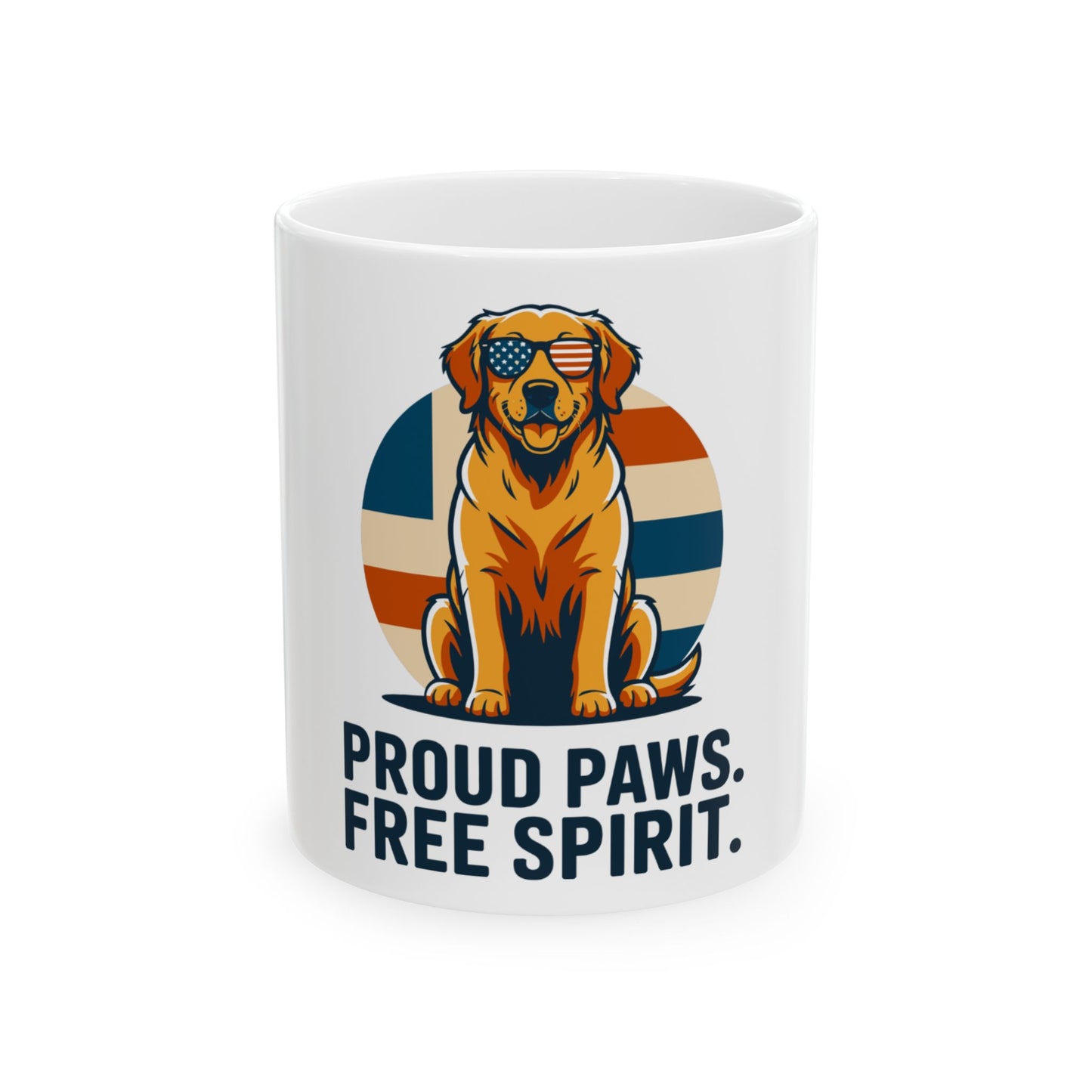 Golden retriever wearing sunglasses with American flag pattern, text "PROUD PAWS. FREE SPIRIT."