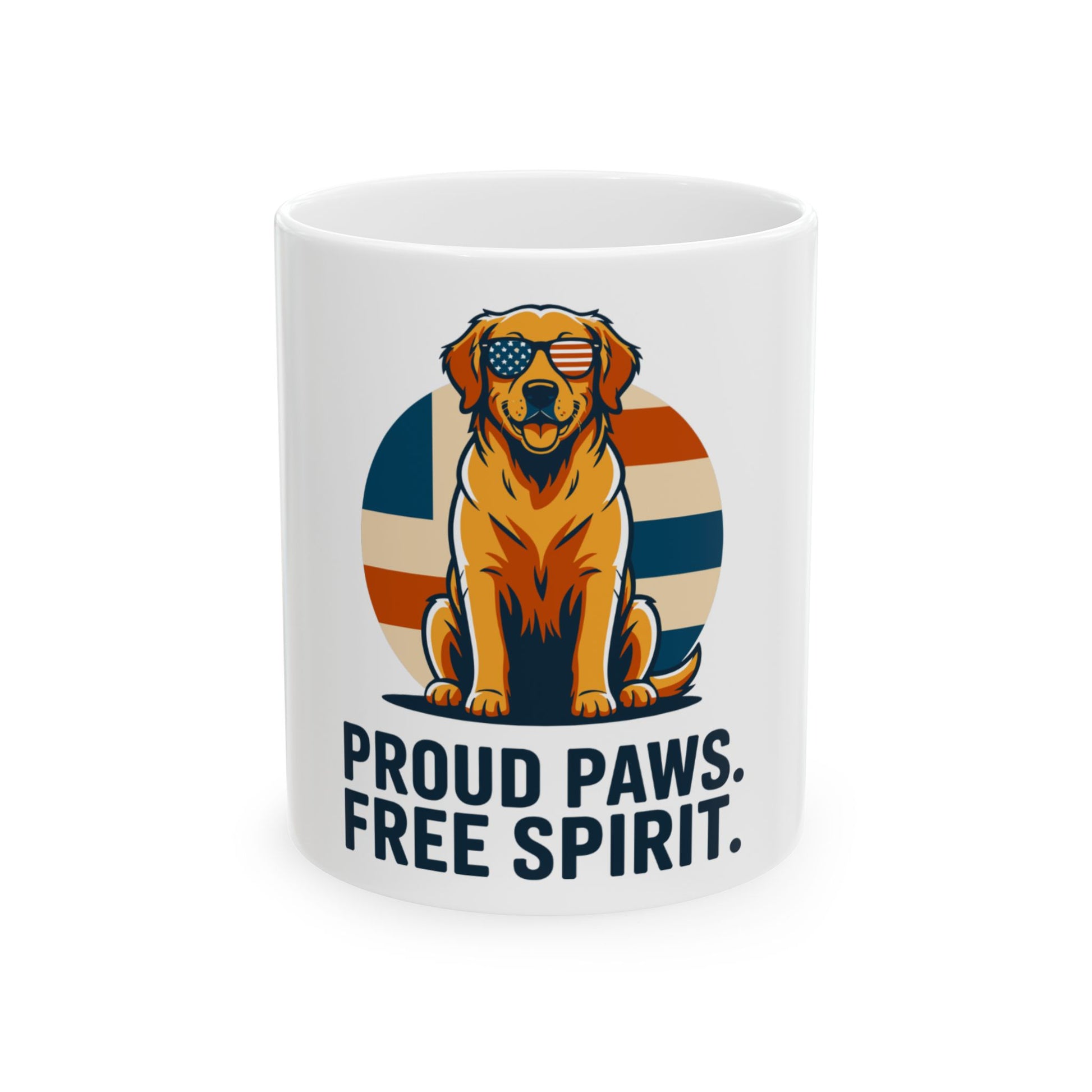 Golden retriever wearing sunglasses with American flag pattern, text "PROUD PAWS. FREE SPIRIT."