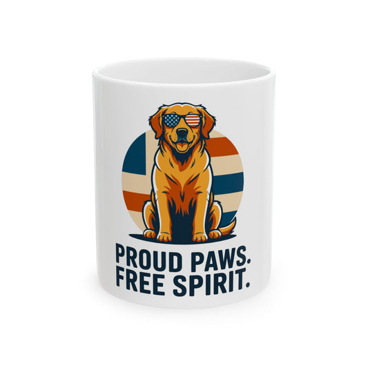 Golden retriever wearing sunglasses with American flag pattern, text "PROUD PAWS. FREE SPIRIT."