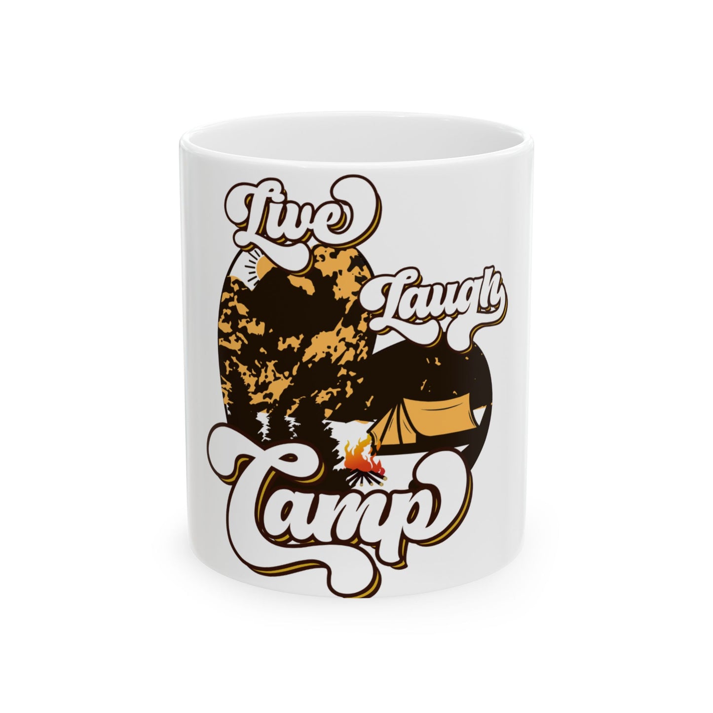White mug with "Live Laugh Camp" text and a camping graphic.