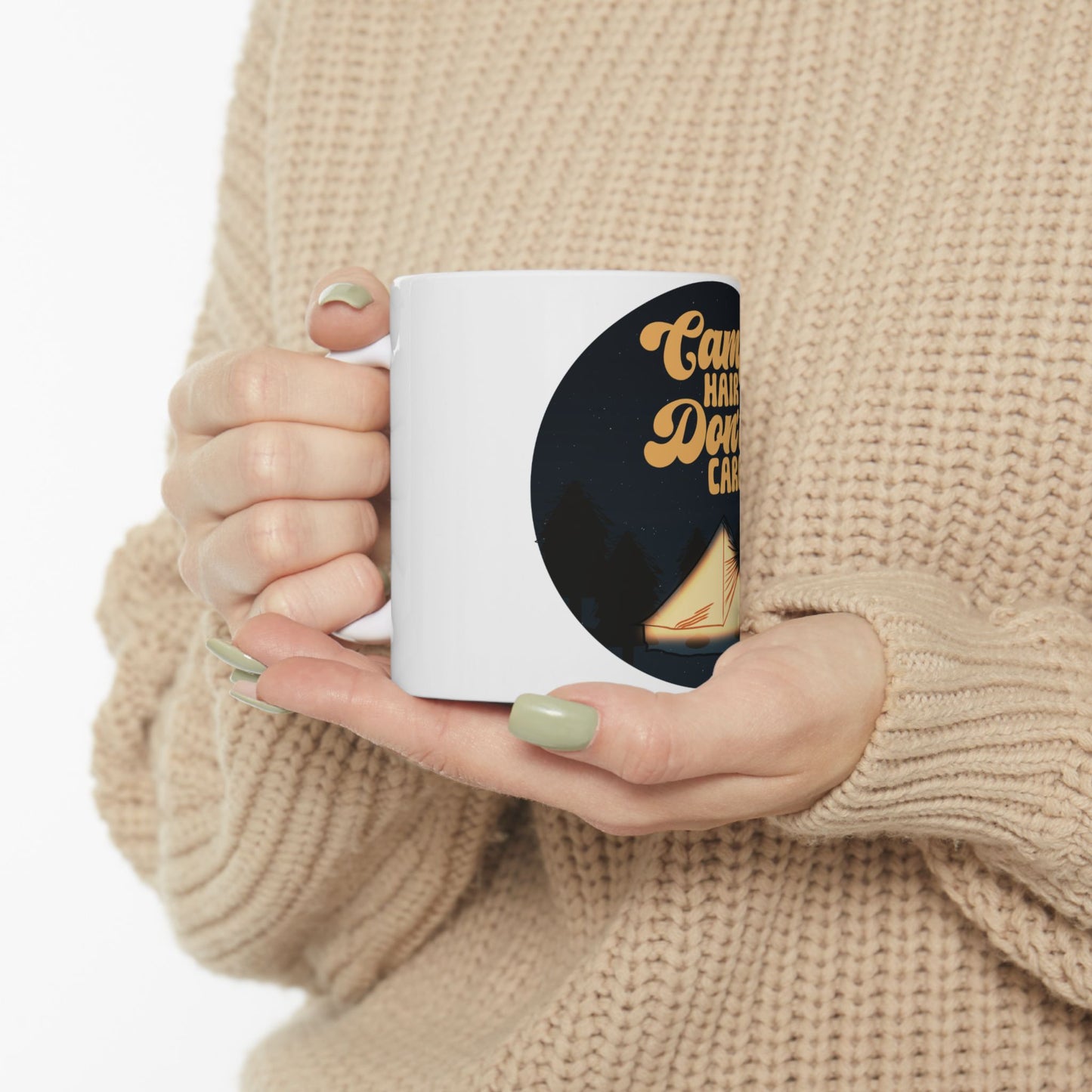 White mug with "Camp Hair Don't Care" text and tent graphic.