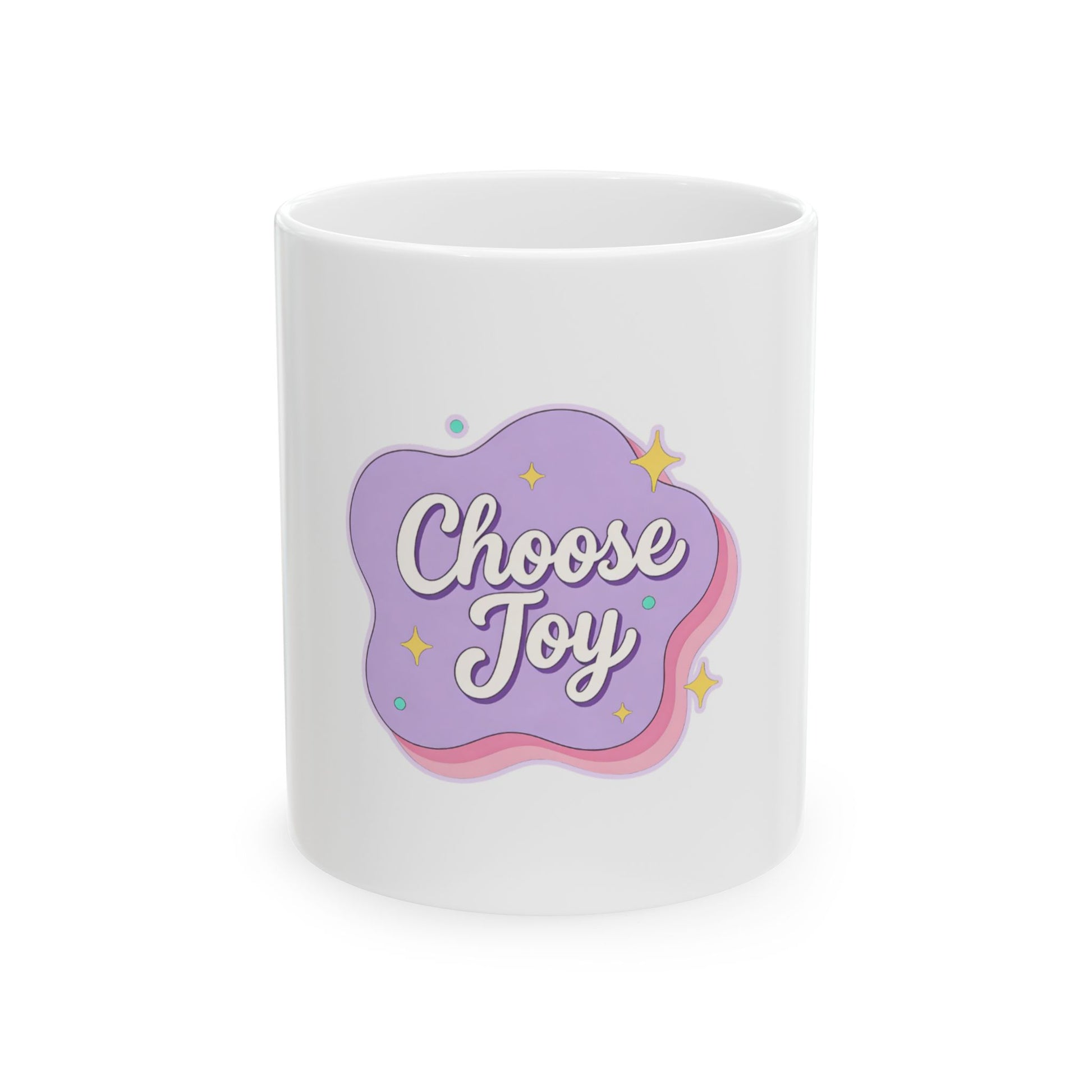 White ceramic mug with "Choose Joy" text and pastel purple cloud design.