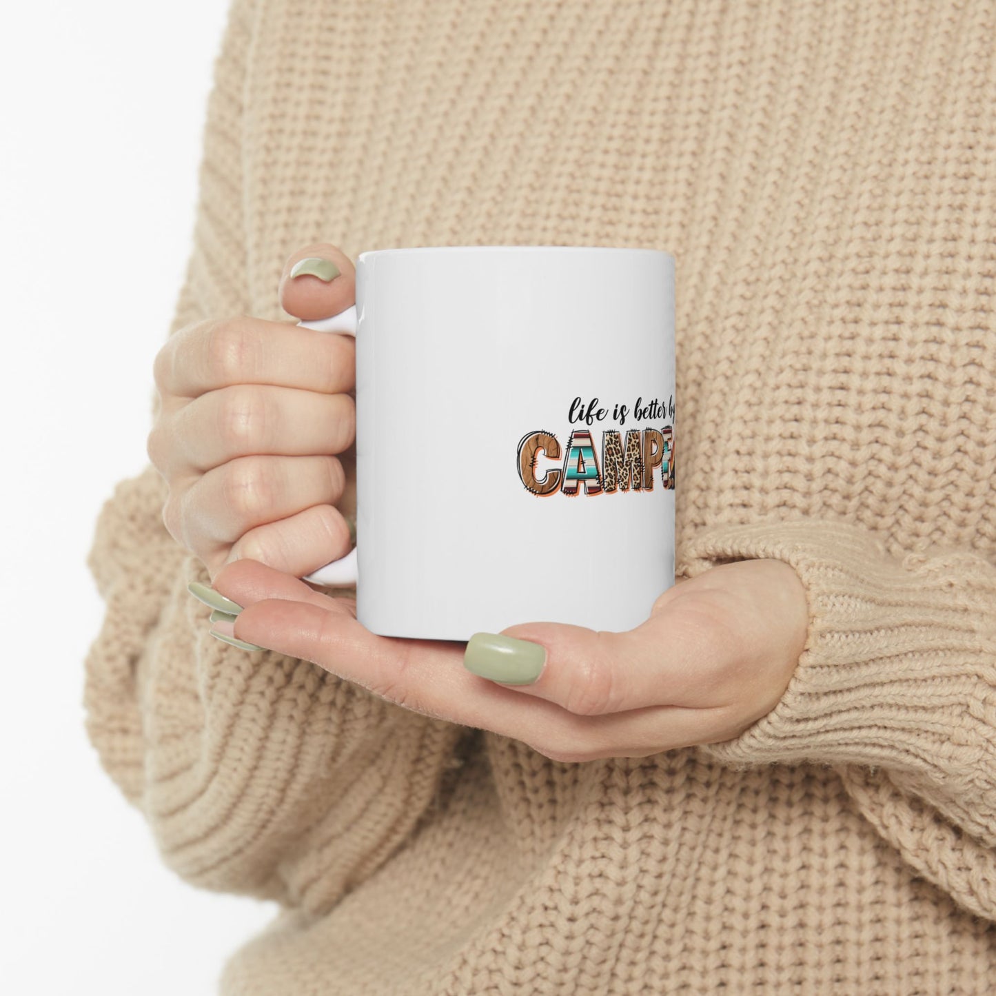 White mug with "Life is better with a Camper" text and leopard print.