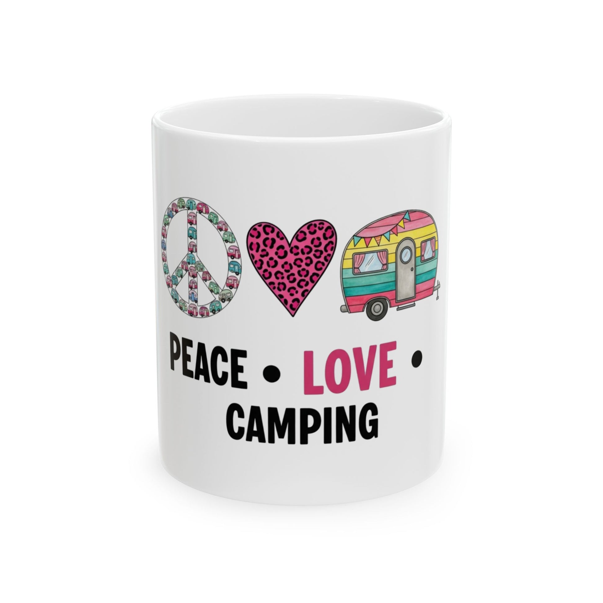 White mug with peace sign, heart, and camper with "Peace Love Camping" text.