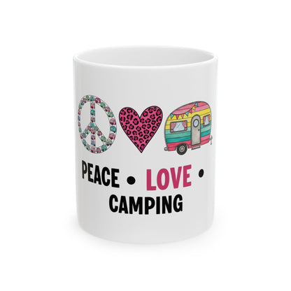 White mug with peace sign, heart, and camper with "Peace Love Camping" text.