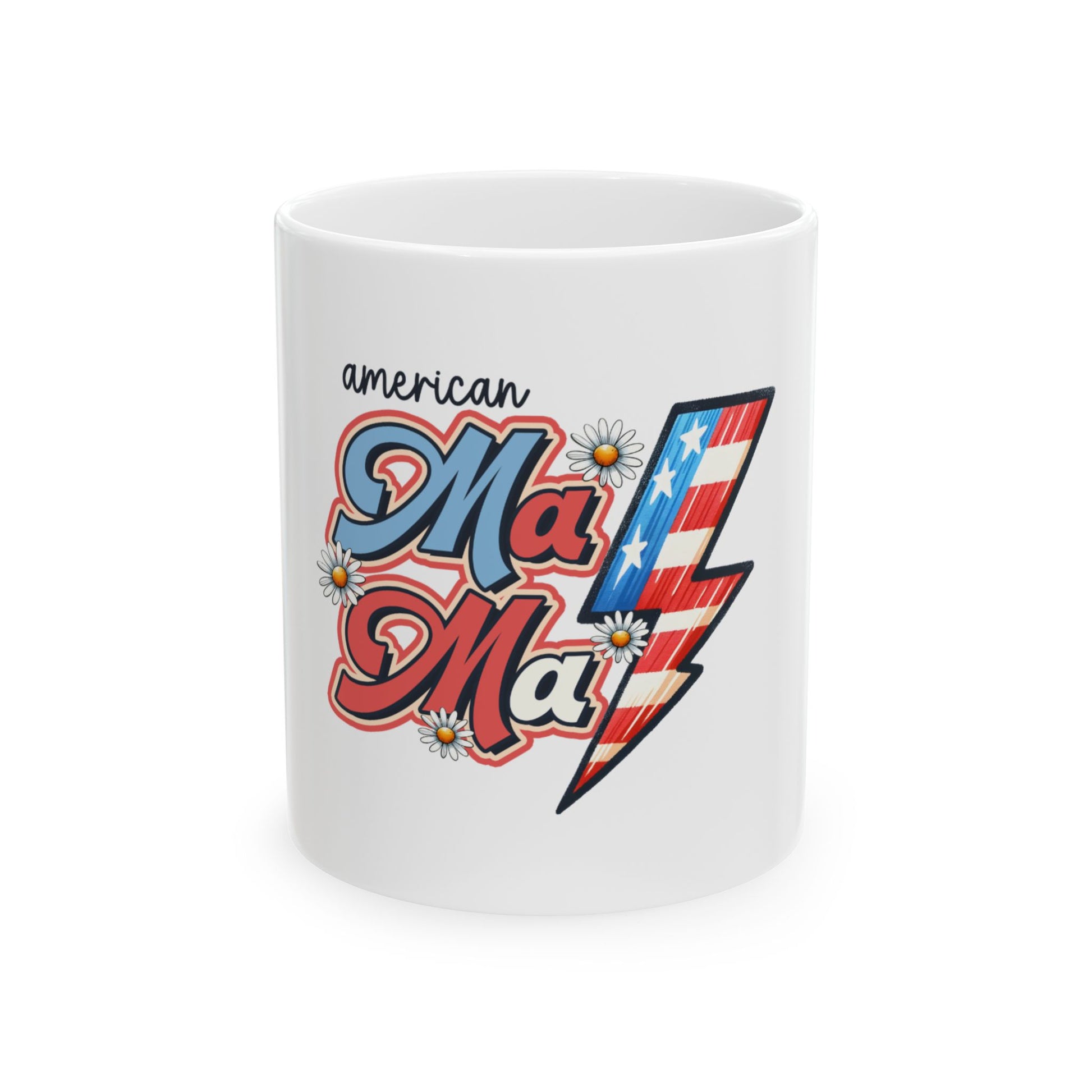White mug with "American Ma Ma" text and patriotic lightning bolt.