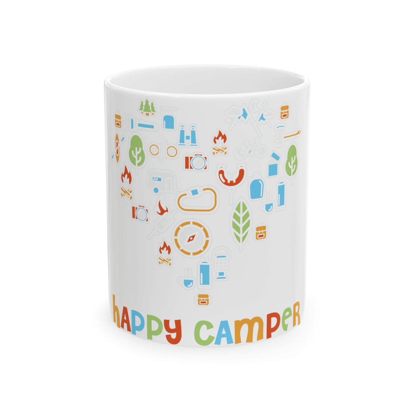 White mug with colorful camping icons and "happy camper" text.