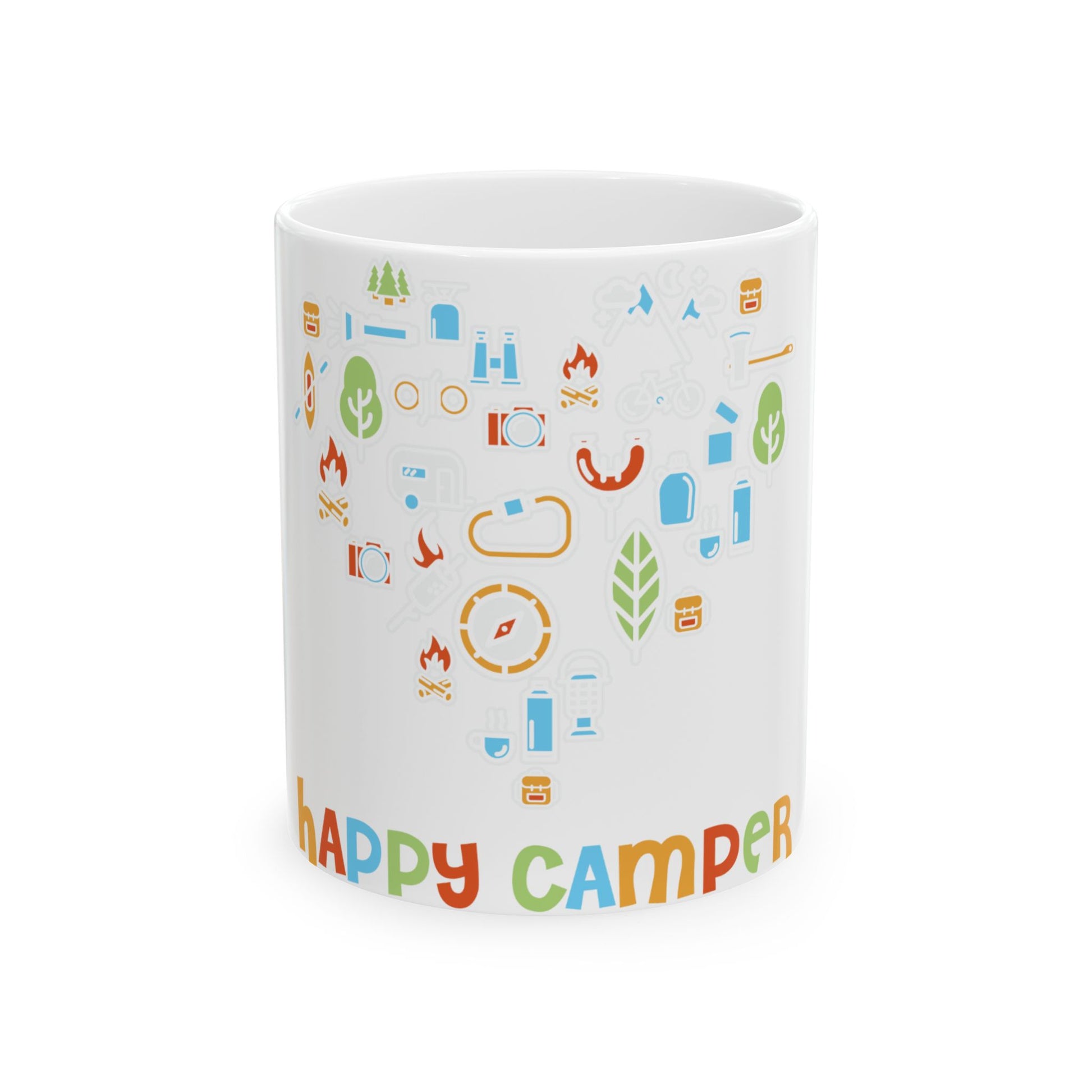 White mug with colorful camping icons and "happy camper" text.