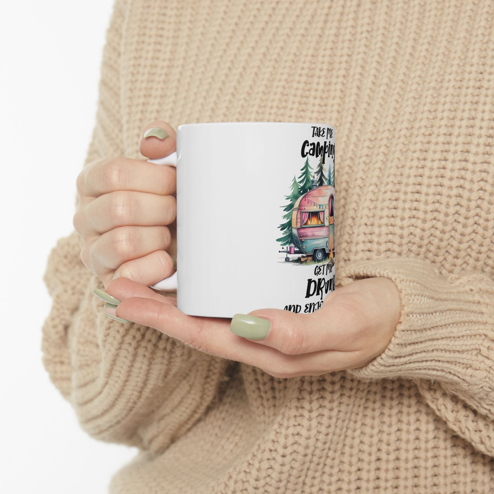 White mug with camping trailer graphic and text "Take me camping".