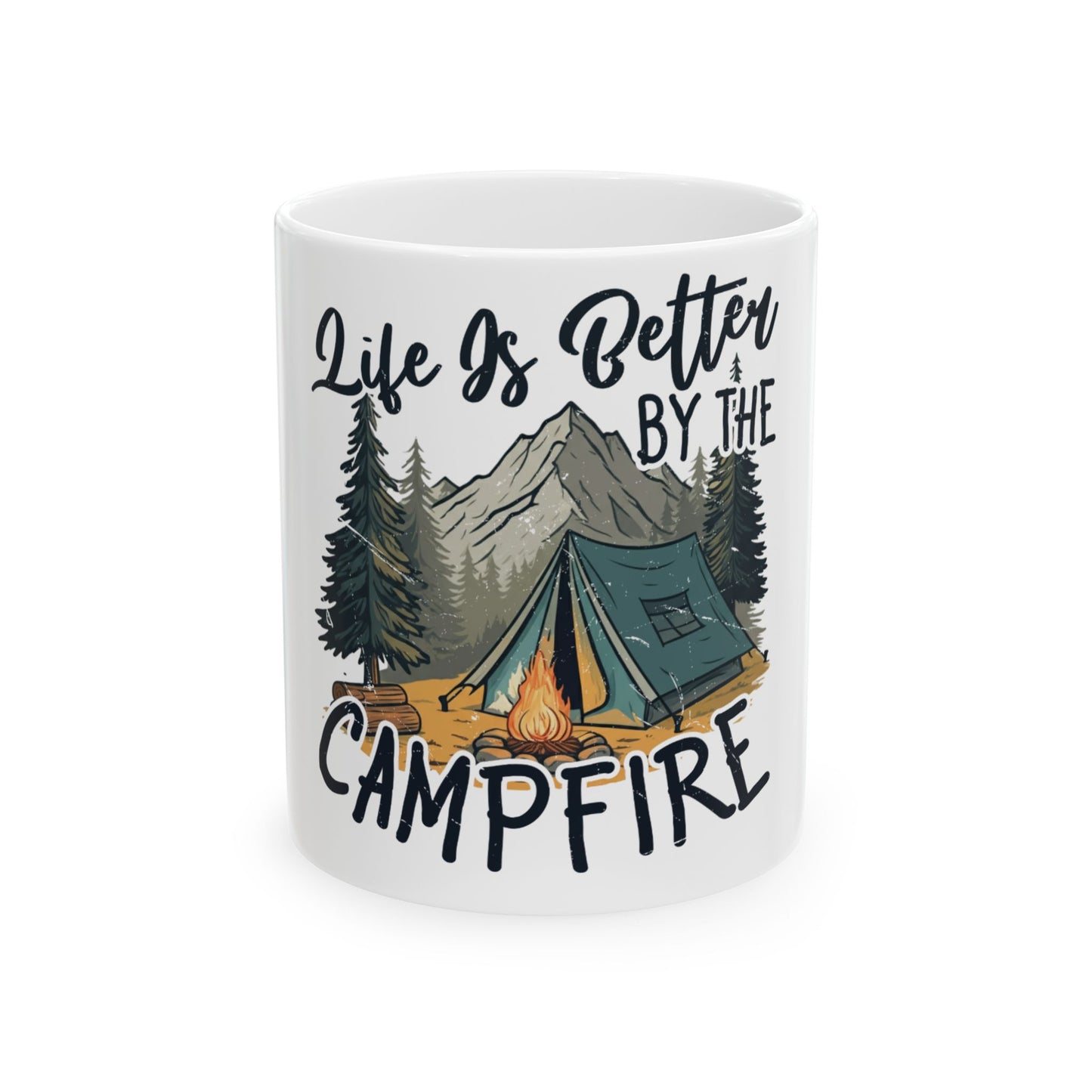 Mug with "Life is Better by the Campfire" text, featuring a tent and campfire.