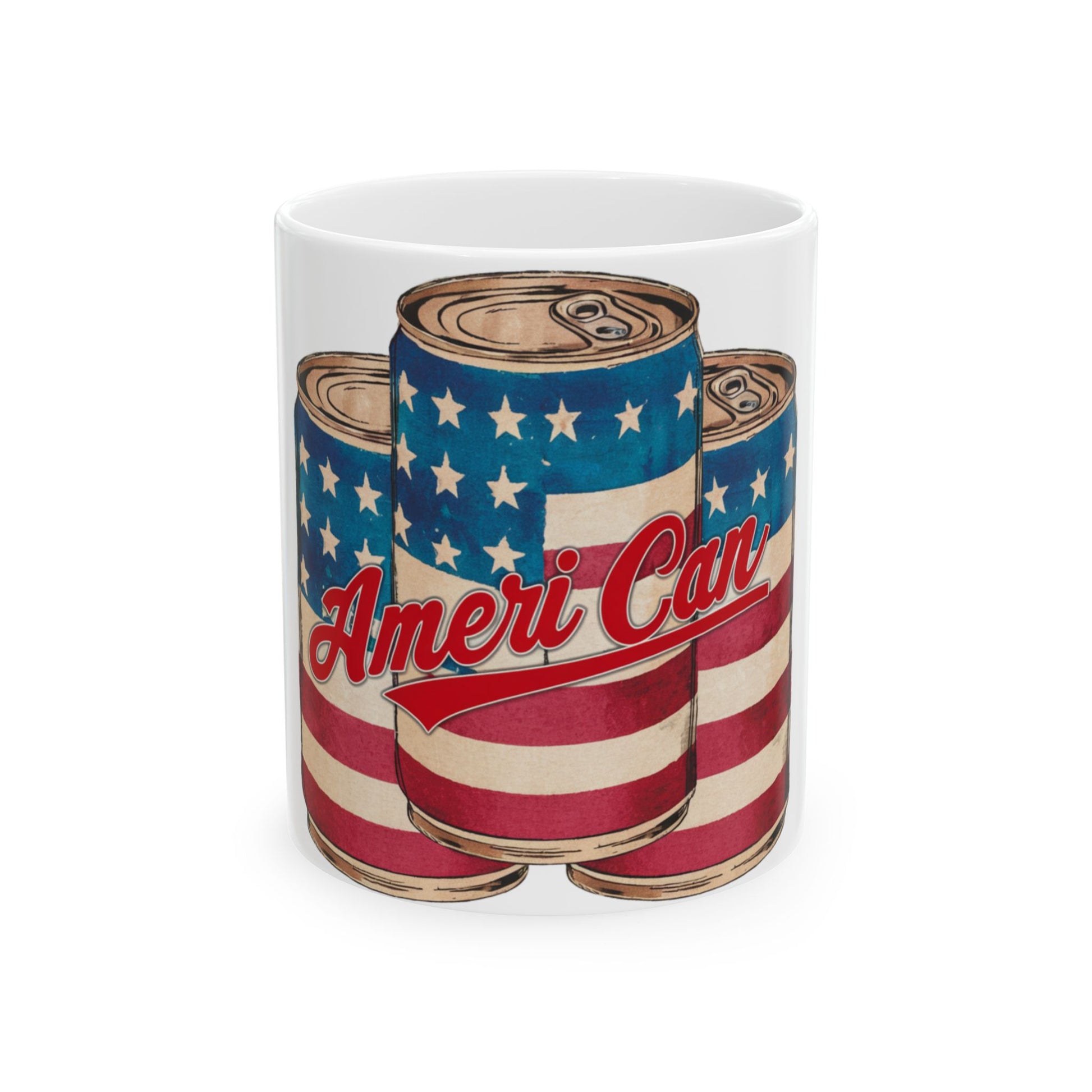 Mug with three American flag-themed soda cans, reading "AmeriCan."