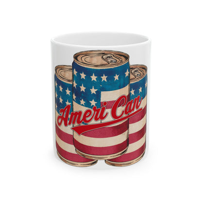Mug with three American flag-themed soda cans, reading "AmeriCan."