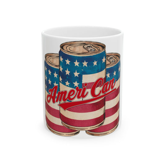Mug with three American flag-themed soda cans, reading "AmeriCan."