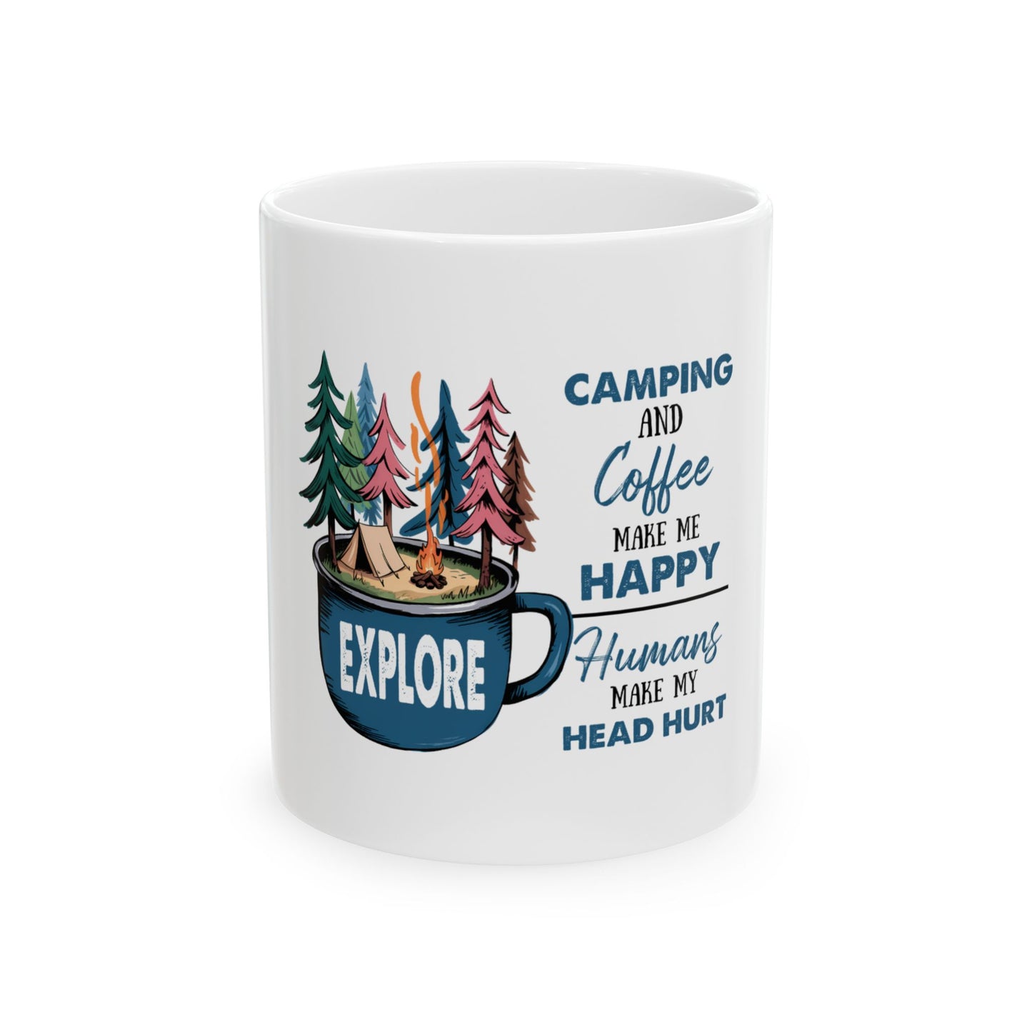 White mug with camping and coffee text and illustration.