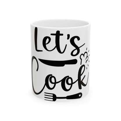 White mug with "Let's Cook" and cutlery illustrations.