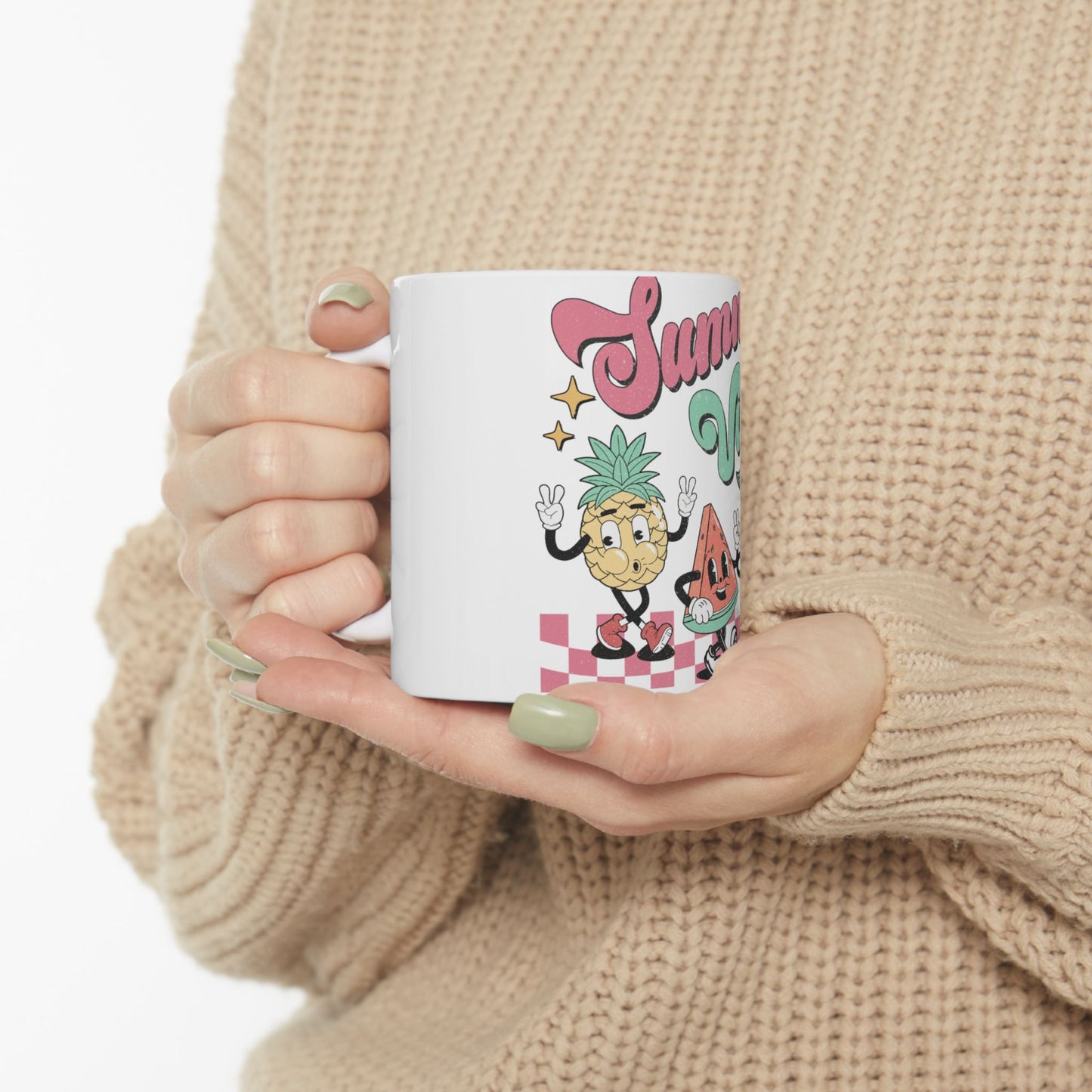 White mug with pineapple and watermelon characters and "Summer Vibes" text.