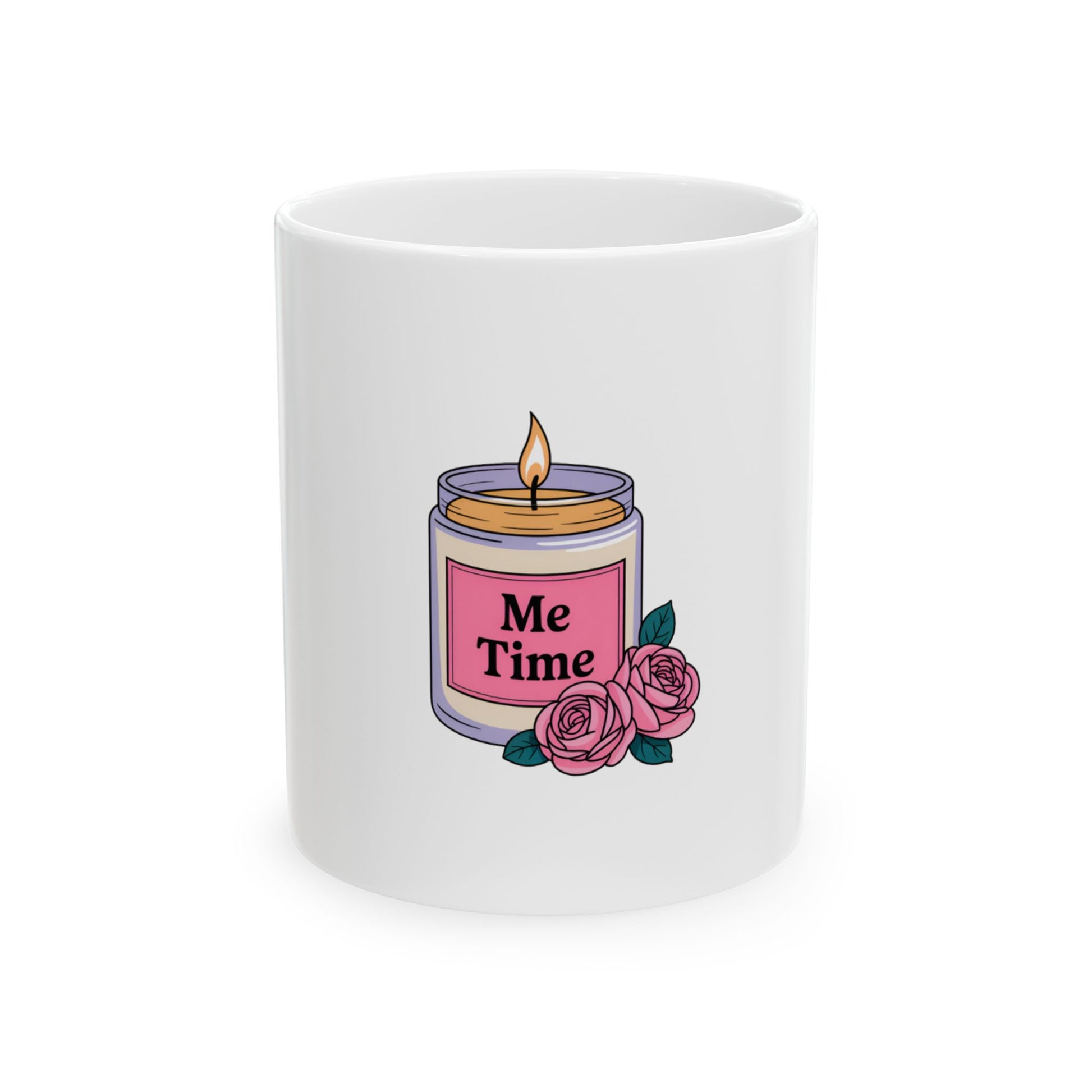 White mug with "Me Time" candle and pink roses graphic.