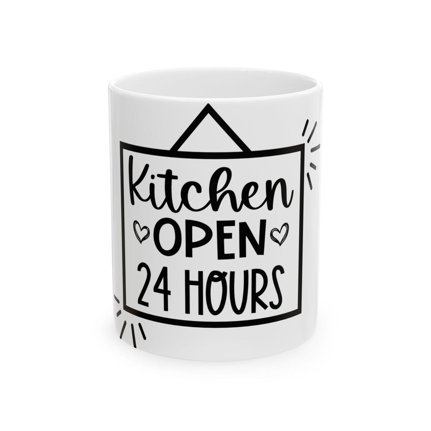 White ceramic mug with black text "Kitchen OPEN 24 HOURS" and heart accents.