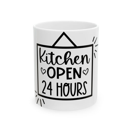 White ceramic mug with black text "Kitchen OPEN 24 HOURS" and heart accents.