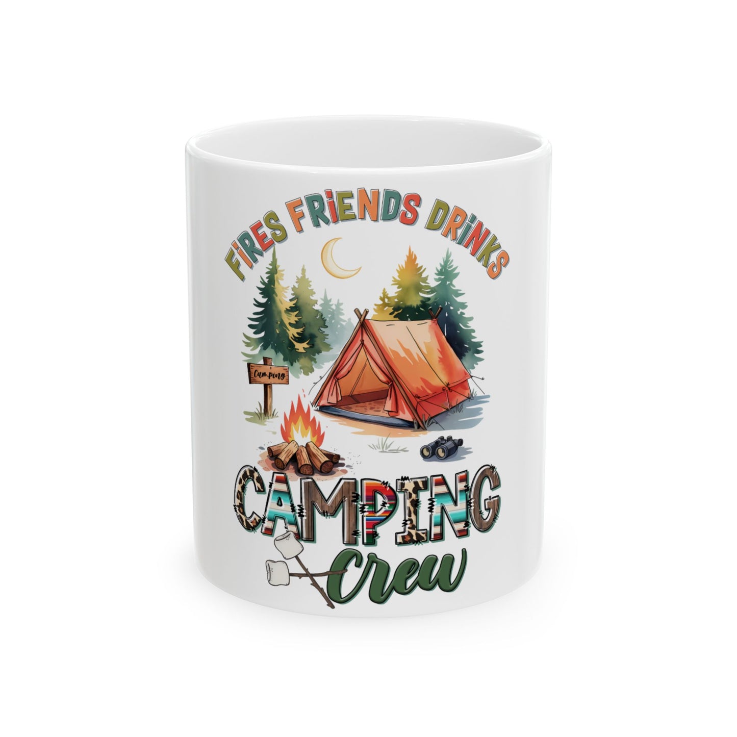Camping crew mug with campfire, tent, and text "Fires Friends Drinks Camping Crew".