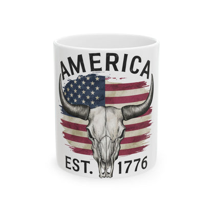 Mug featuring a bull skull on a distressed American flag, "AMERICA EST. 1776".