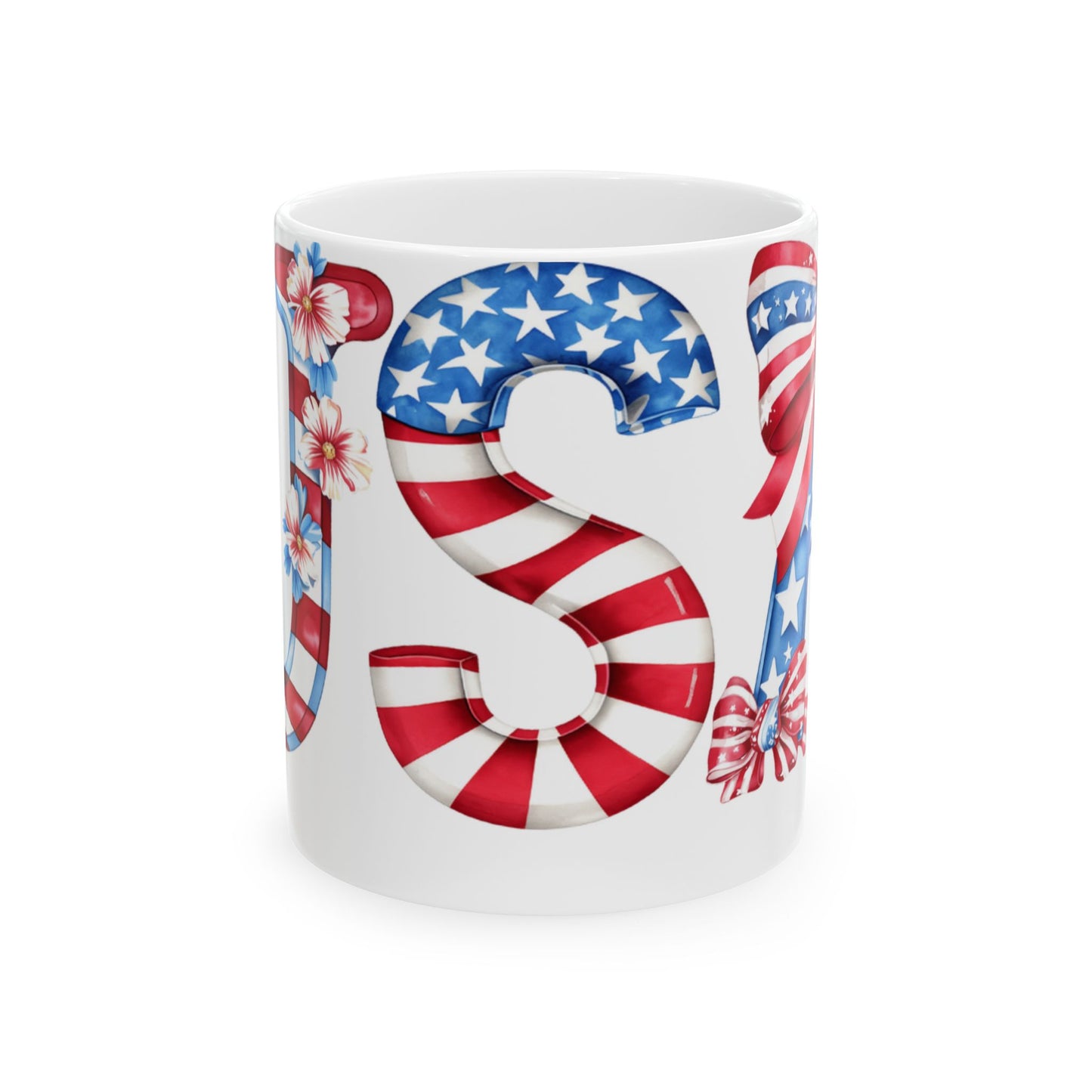 Mug with American flag pattern letters forming "USA" and floral accents.