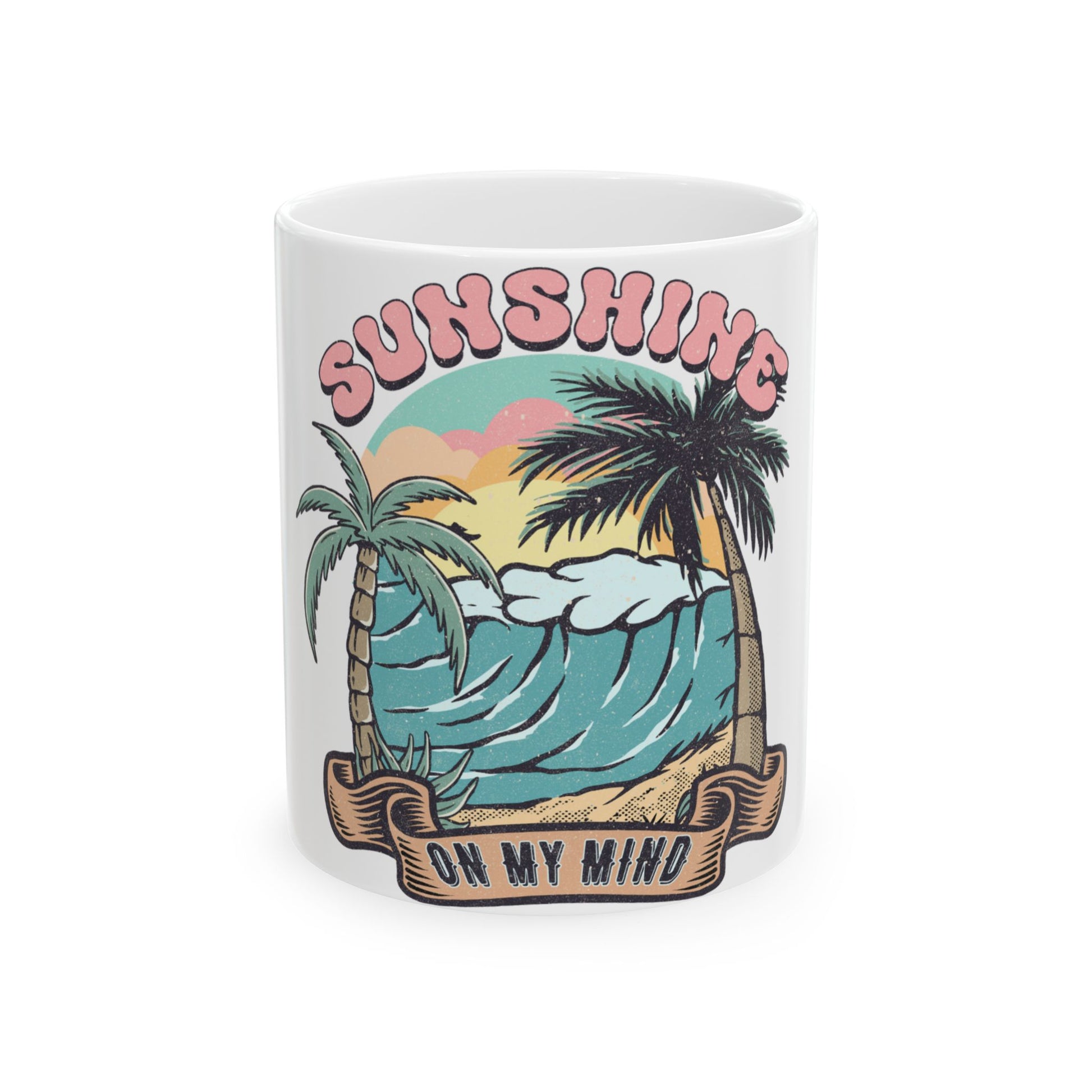 Mug with "Sunshine on My Mind" text and a beach wave with palm trees.