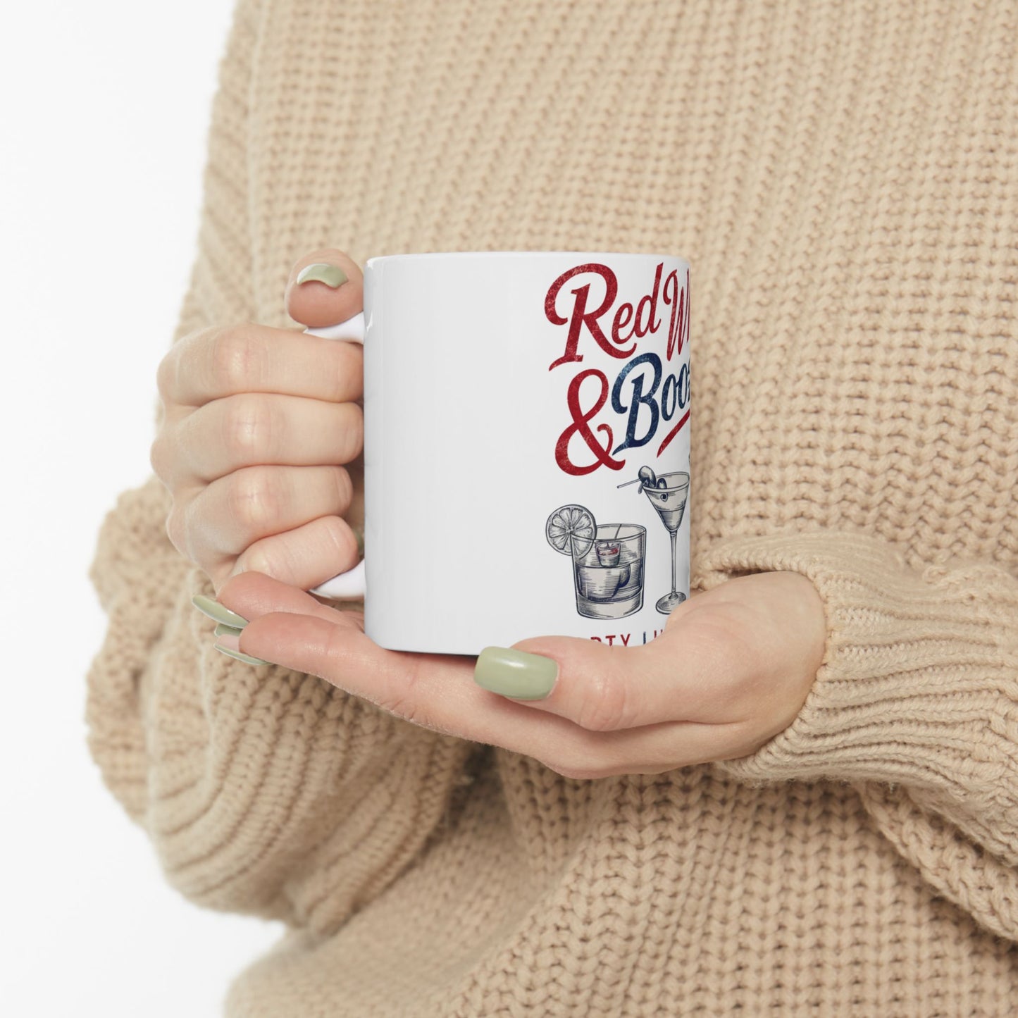 White mug with "Red & Boo" text and cocktail illustration.