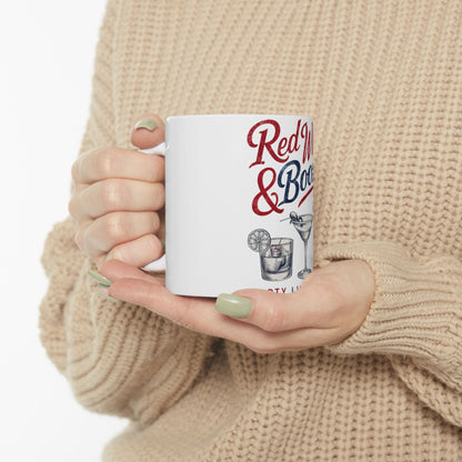 White mug with "Red & Boo" text and cocktail illustration.