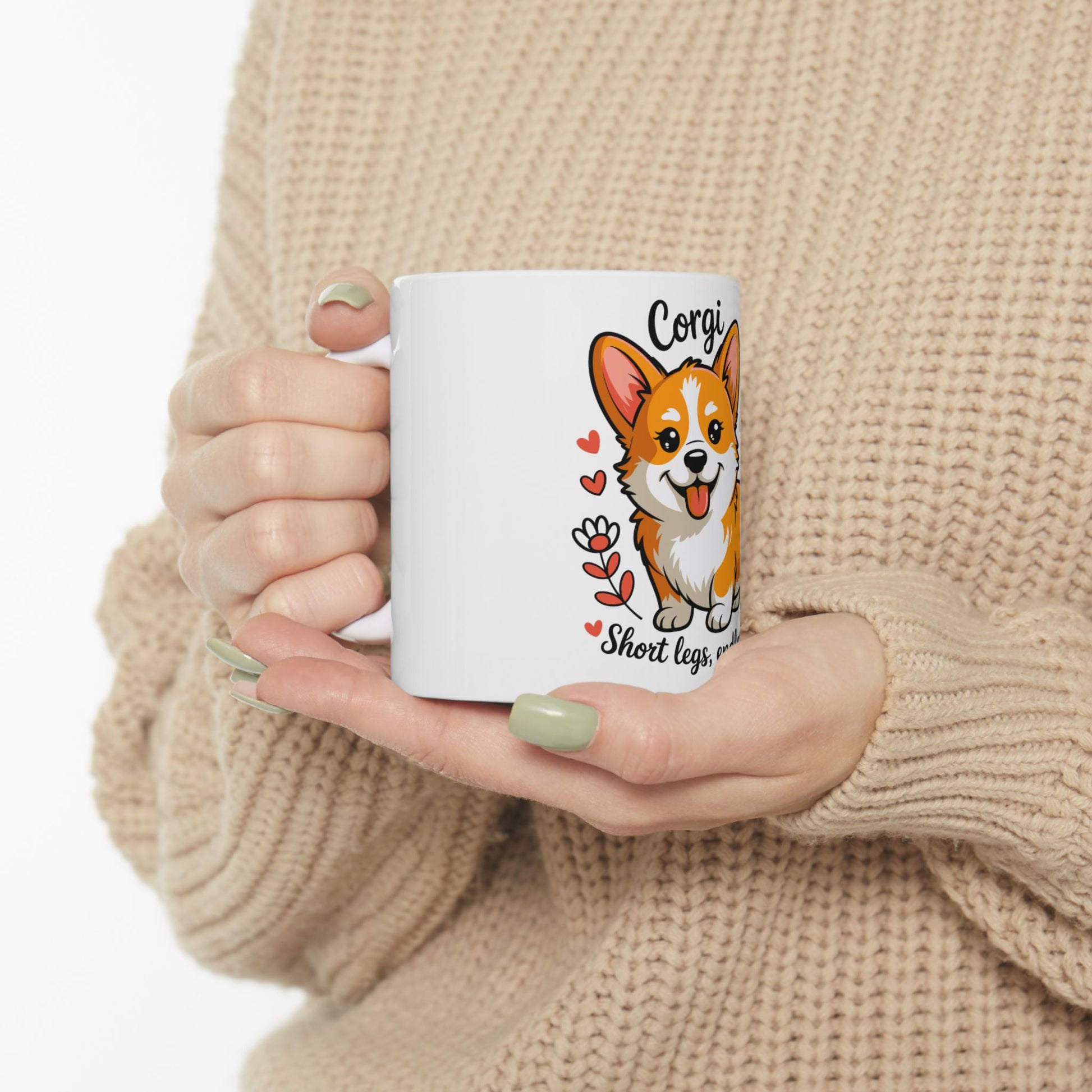 White mug with a cartoon corgi illustration and text "Short legs".