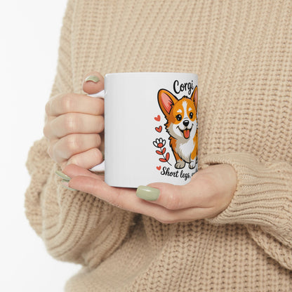 White mug with a cartoon corgi illustration and text "Short legs".