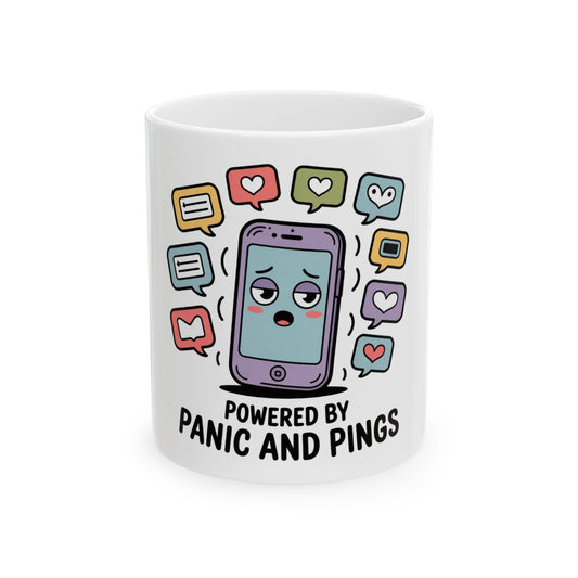 Mug with cartoon phone surrounded by notification icons and text "POWERED BY PANIC AND PINGS".