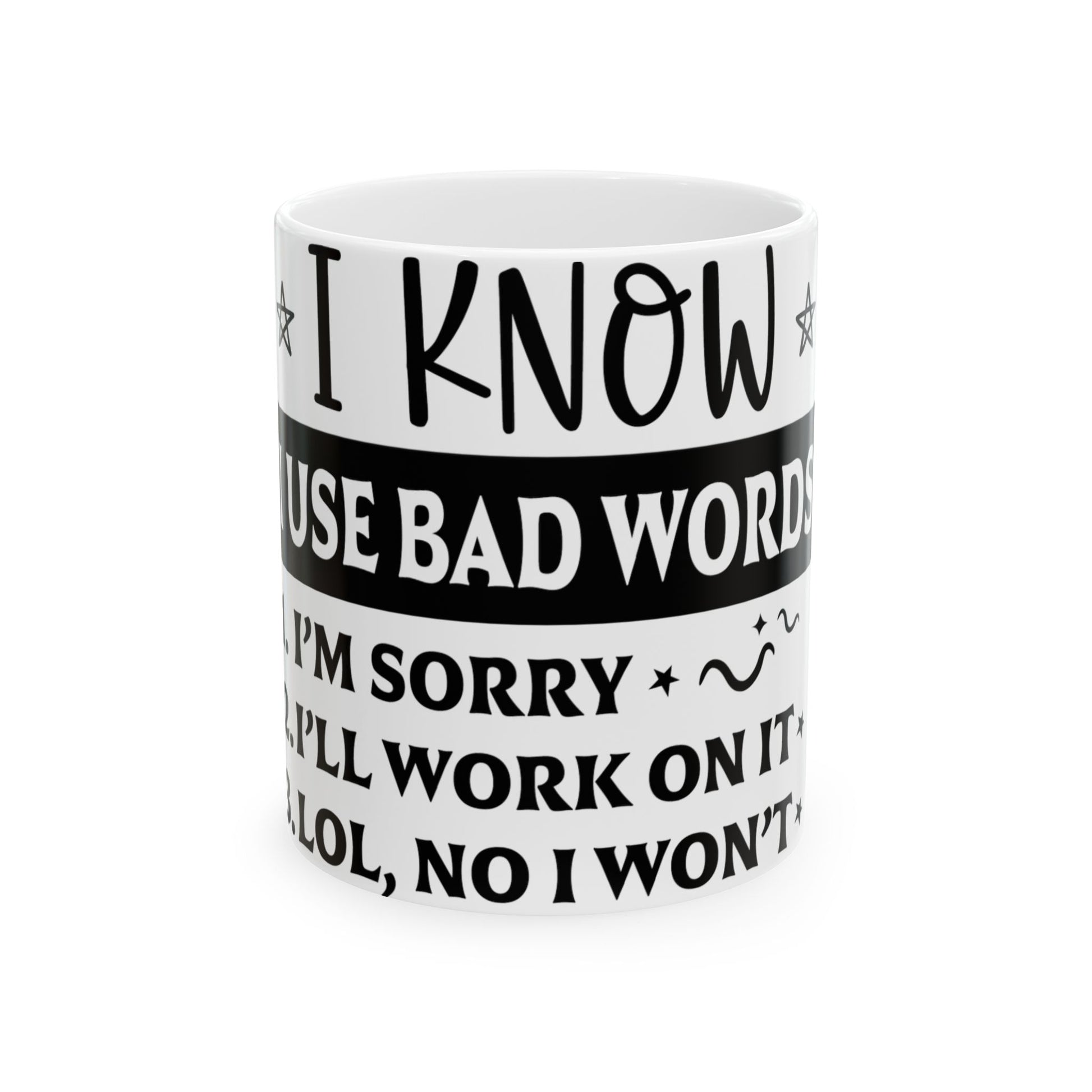 White mug with humorous text about using bad words.