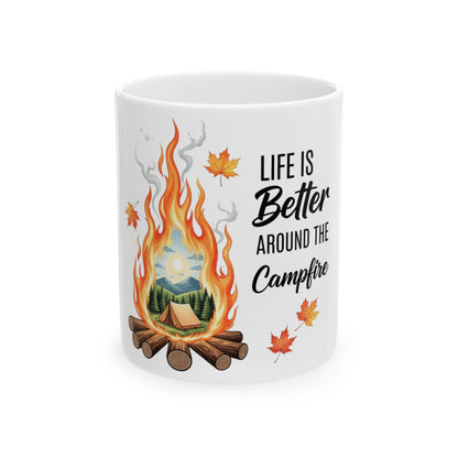 White mug with campfire graphic and text "Life is Better Around the Campfire".