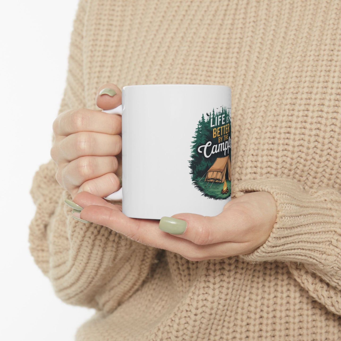 White mug with "Life is better by the campfire" text and camping graphic.
