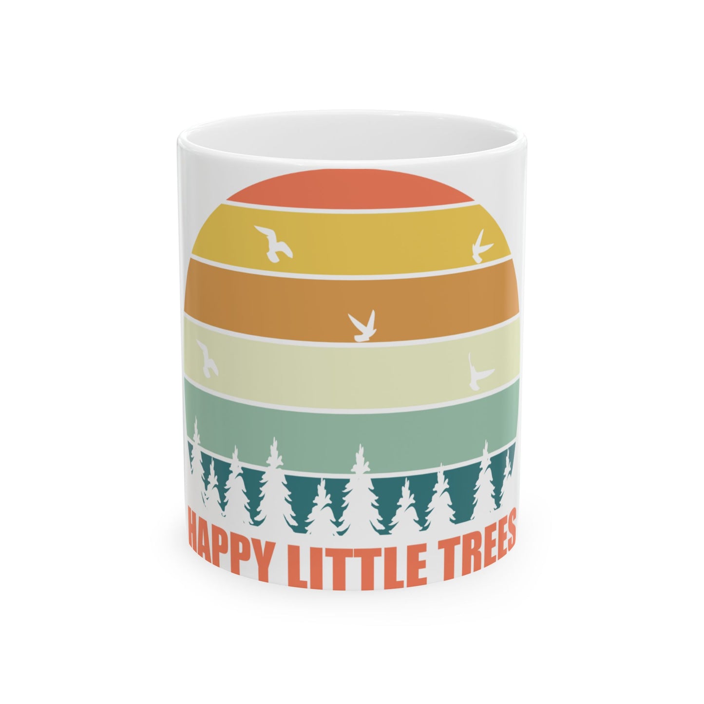 White mug with sunset and "Happy Little Trees" text and pine trees.