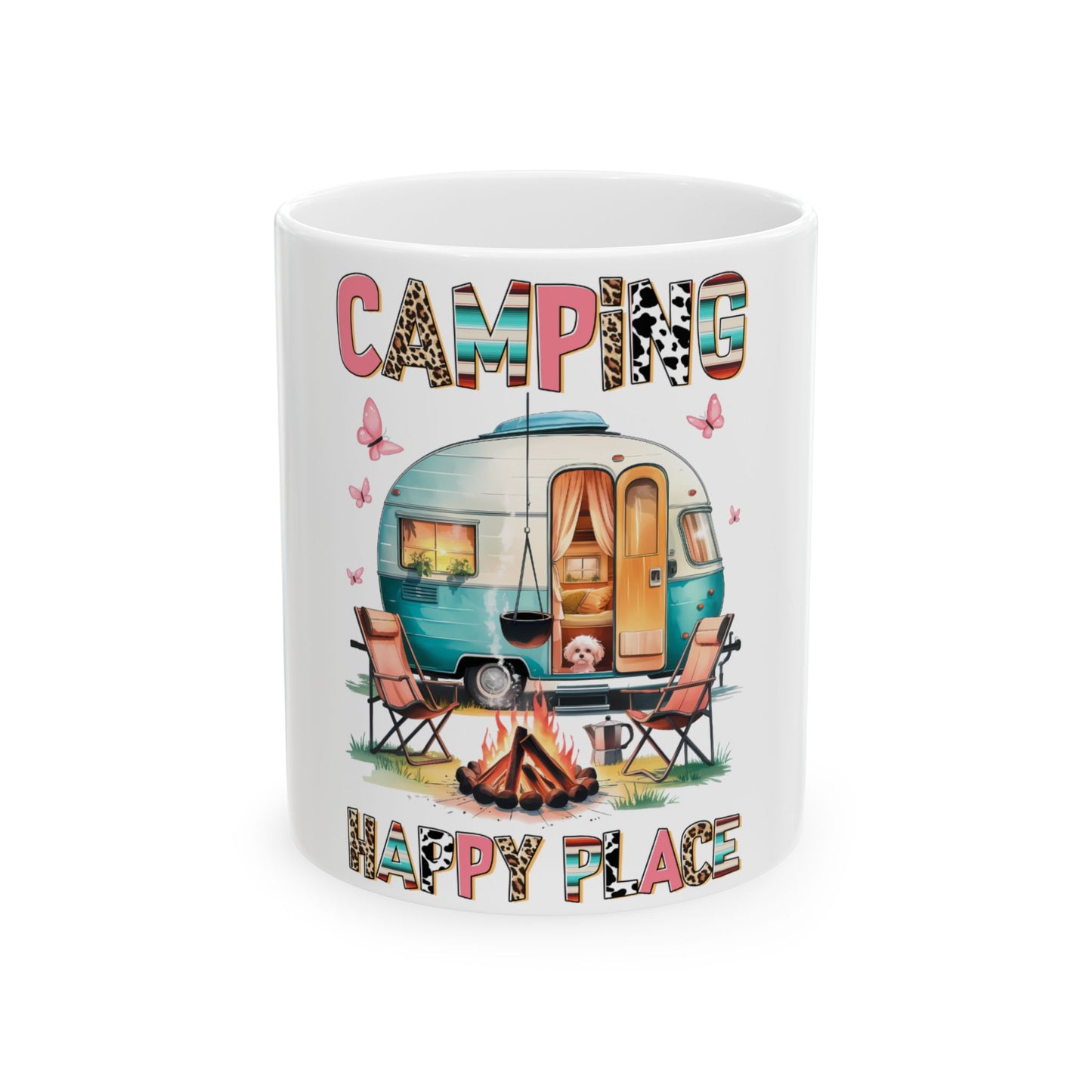 Camper with "Camping Happy Place" text and dog peeking out.