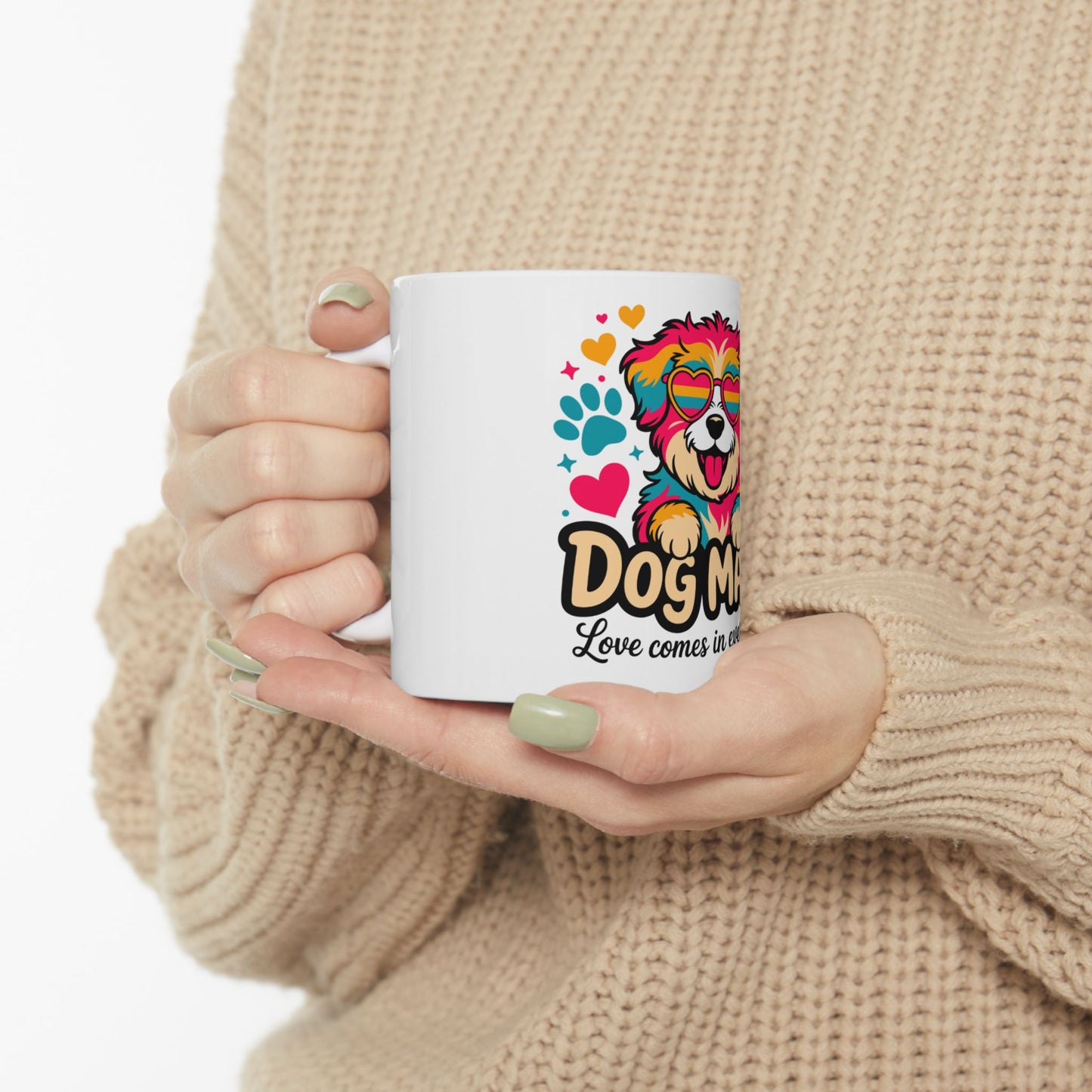 White mug with colorful dog graphic and text "Dog Mom" and "Love comes in all shapes and sizes."
