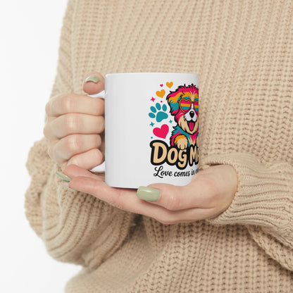 White mug with colorful dog graphic and text "Dog Mom" and "Love comes in all shapes and sizes."