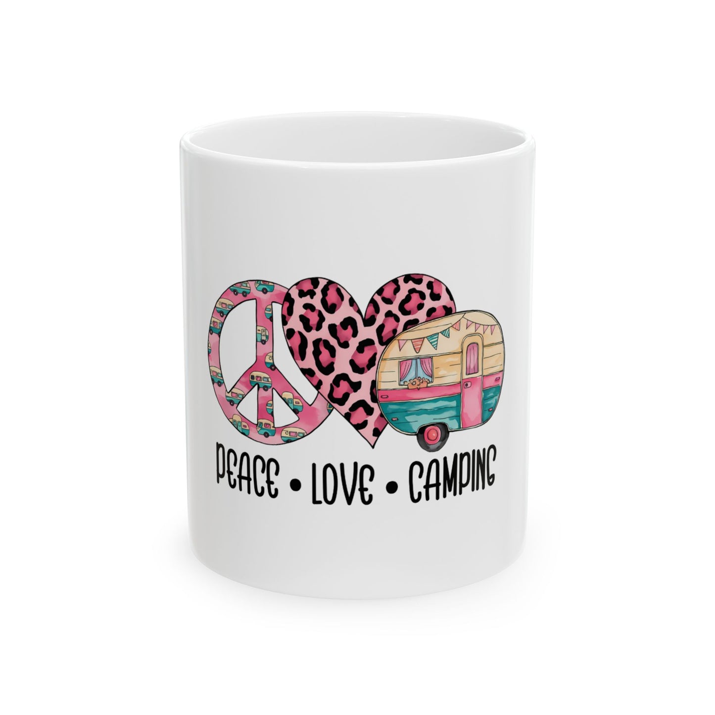 Peace, love, and camping heart with camper and leopard print.