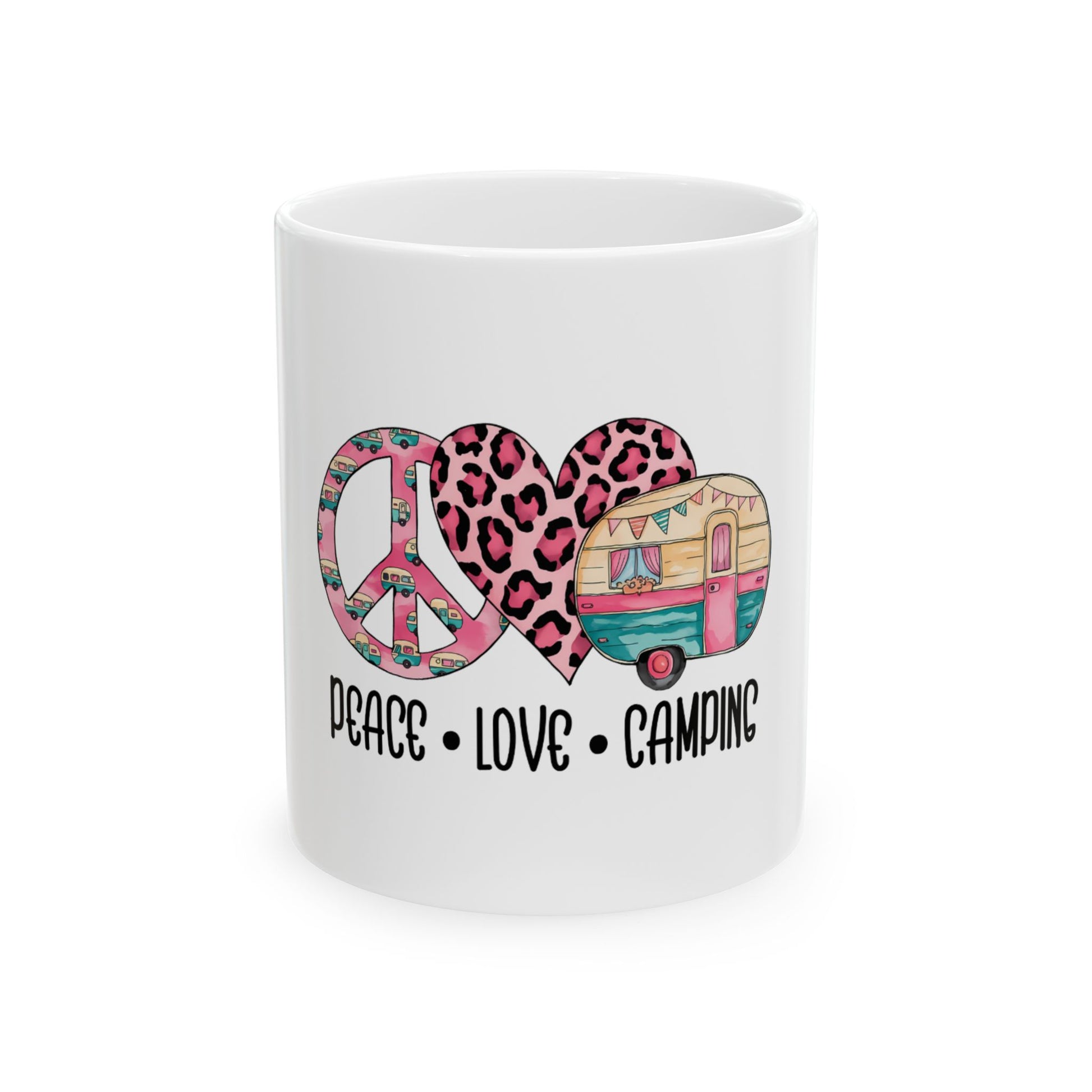 Peace, love, and camping heart with camper and leopard print.