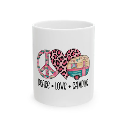 Peace, love, and camping heart with camper and leopard print.
