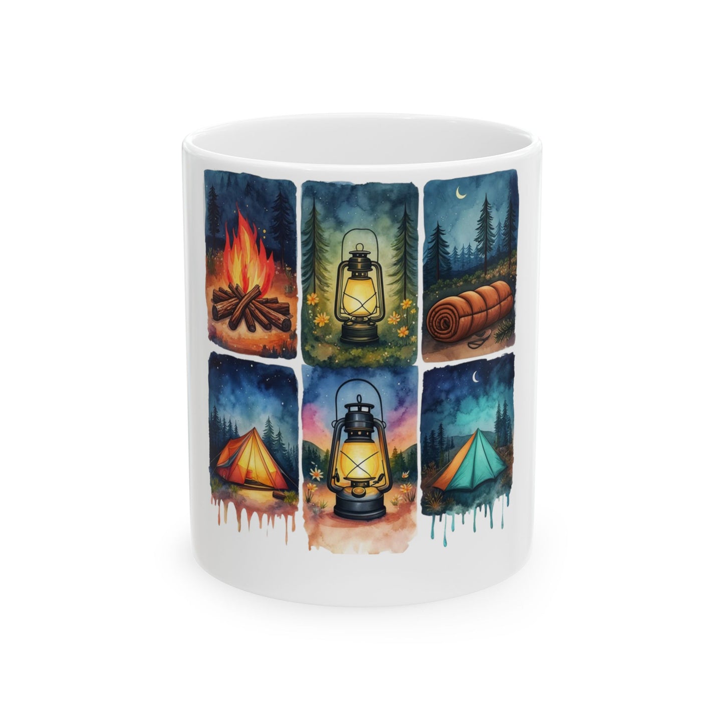 Mug featuring six square illustrations of camping scenes with tents, lanterns, and campfire.
