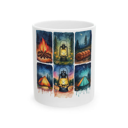 Mug featuring six square illustrations of camping scenes with tents, lanterns, and campfire.