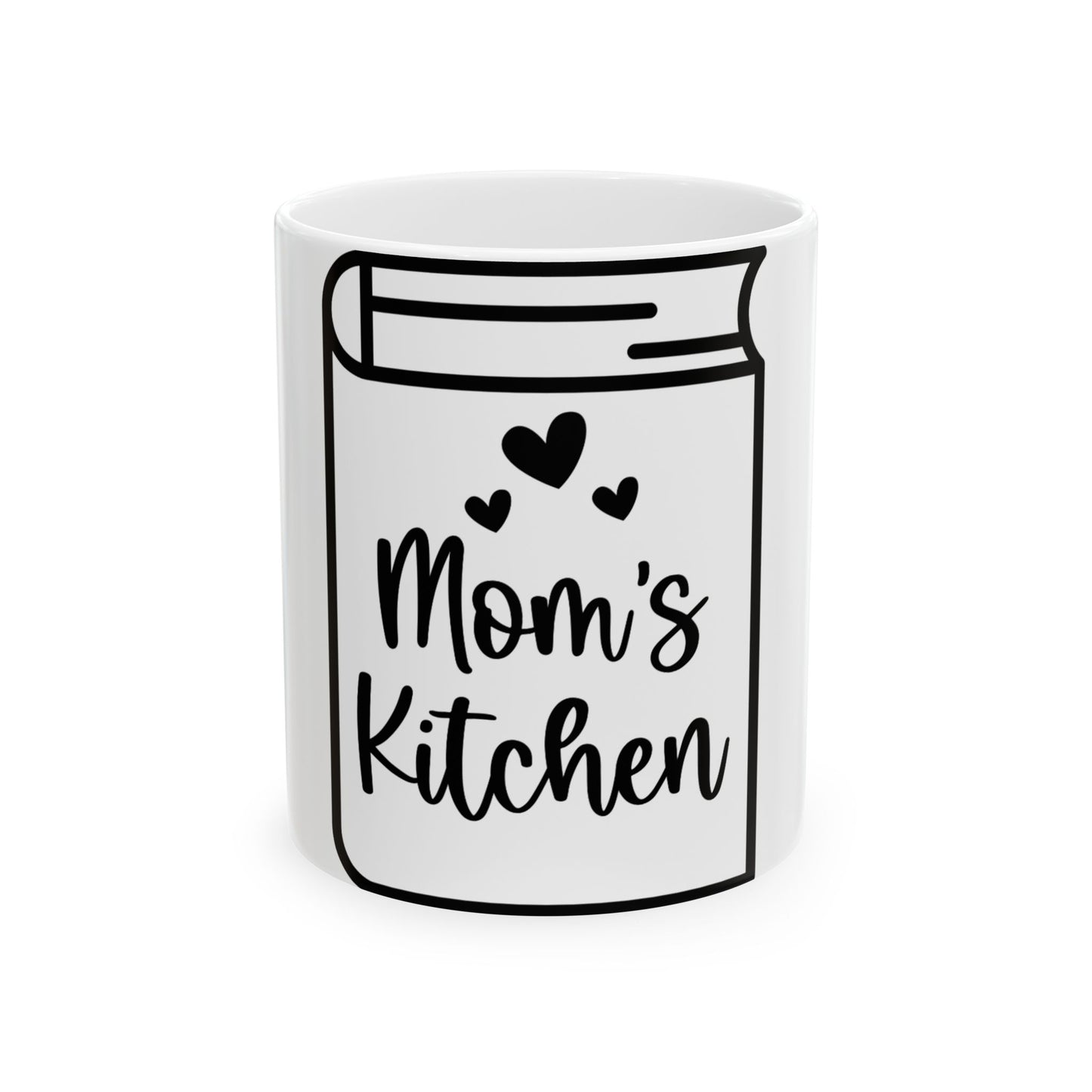 White mug with "Mom's Kitchen" and hearts design.