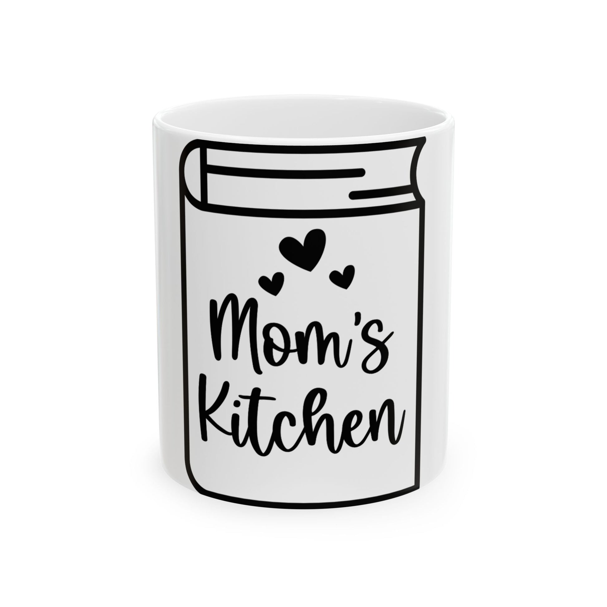 White mug with "Mom's Kitchen" and hearts design.