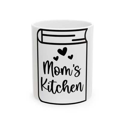 White mug with "Mom's Kitchen" and hearts design.